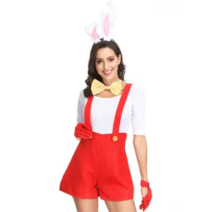 Cute bunny girl cosplay costume set detail view featuring white top, red shorts, and ears.