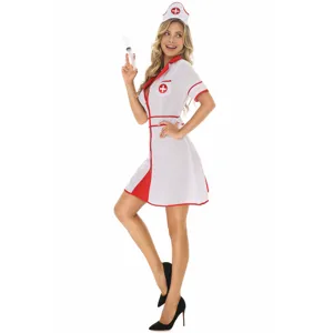Sexy nurse costume for women, white dress with red trim and matching hat for Halloween party.