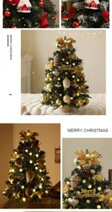 Viste ravvicinate dettagliate di un mini albero di Natale dorato con luci calde