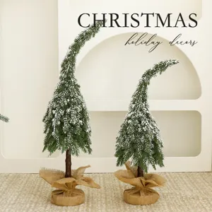 Addobbo per Albero di Natale a Punta Curva Con Base in Iuta Albero Artificiale in PE Con Pigne e Bacche Effetto Neve per Decorazione Tavolo Casa