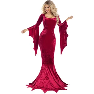 Rode fluwelen vampierjurk voor vrouwen, gothisch heksen verkleedkostuum voor Halloween.