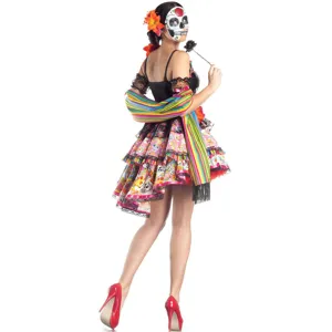 Halloween Day of the Dead skeleton costume dress with colorful shawl and ruffles for party.