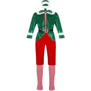 Vista dettagliata del tessuto del costume da elfo di Natale, della cintura e degli accessori.