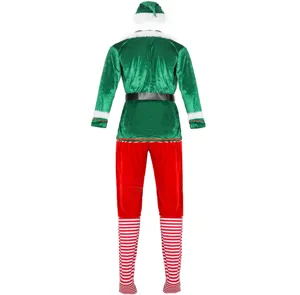Dettagli della vista posteriore del costume da elfo di Natale da uomo con top verde e pantaloni.