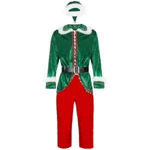 Dettaglio del costume da elfo di Natale per uomo, top in velluto verde, pantaloni rossi e cappello.