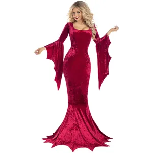 Dames Gothic Vampier Vleermuis Heks Halloween Kostuum Fluweel Vleermuismouwen Visstaart Maxi Jurk Voor Cosplay Maskerade Feest