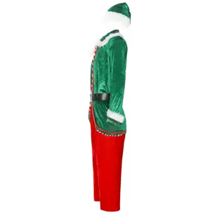 Costume da elfo di Natale uomo vista laterale dettaglio, top verde pantaloni rossi.
