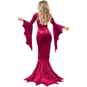 Rode fluwelen gotische vampierjurk voor vrouwen, lange vleermuismouw Halloween heks.