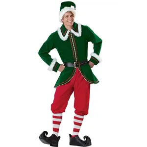 Set Costume da Elfo di Natale da Uomo Top in Velluto Verde e Pantaloni Rossi Con Cappello Cintura Calze Abbigliamento Cosplay Festivo