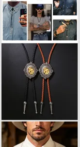 Vintage Bolo Tie featuring golden horse head emblem on woven leather cord necklace