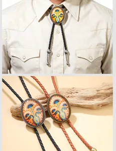 Close-up detail of Western cowboy bolo tie featuring vintage floral pattern on braided rope.