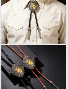 Vintage horse head bolo tie with braided leather rope and silver alloy base