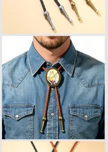 Detail shot of a vintage western bolo tie with a musical frog pendant on a denim shirt