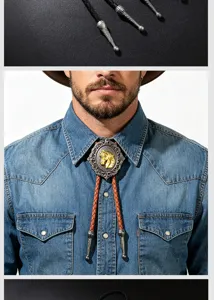 Detailed view of vintage bolo tie with golden horse head and braided brown cord.
