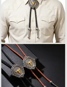 Detailed macro view showing the intricate bull head design and woven leather bolo tie cords