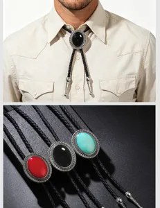 Close-up of vintage bolo ties with various gemstone colors and leather rope detail.