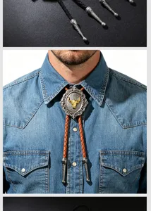 Detailed view of vintage western bolo tie with golden bull head on a classic denim shirt
