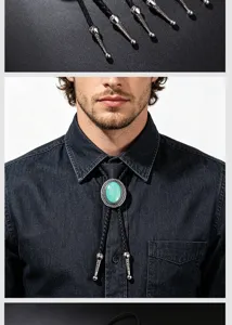 Detailed view of a vintage bolo tie with turquoise stone and braided cord on a model