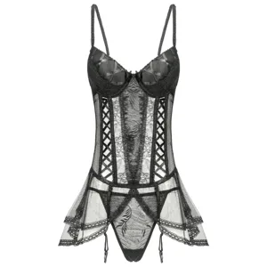 Détail bustier en dentelle, empiècements en tulle transparent, bretelles réglables, string.