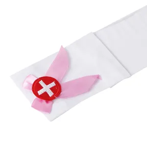White over-the-knee thigh high socks featuring pink bow and red cross patch cosplay detail.