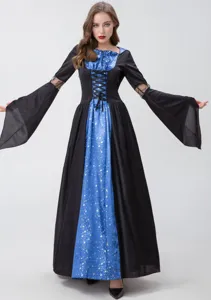 Halloween evil queen witch costume long black blue star dress with corset and bell sleeves.