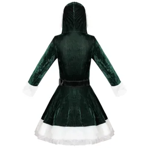 Sexy green velvet Christmas hooded dress with white faux fur trim for holiday party wear.
