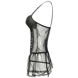 Robe corset de lingerie sexy transparente en dentelle noire, vue de profil détail.