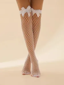 Weiße Netzstrümpfe Oberschenkel hoch mit süßen Schleifen, sexy Strumpfwaren für Damen.