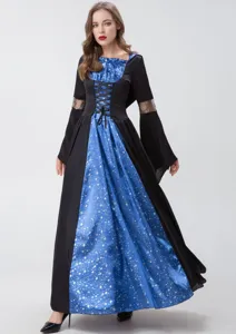 Detailed view of the medieval witch cosplay dress featuring blue star print and black lace-up.