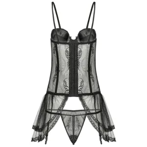 Ensemble de lingerie corset transparent en dentelle noire avec porte-jarretelles et string sexy femme