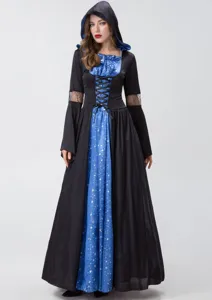 Close-up detail of the black and blue hooded witch costume featuring lace sleeves and star print.