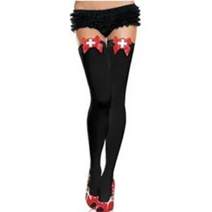Sexy black thigh high stockings with cute red bows and nurse cross design for women