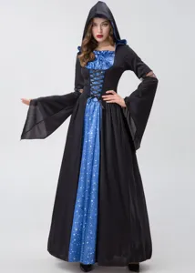 Detailed view of the Halloween witch costume with a black hood and blue star print.