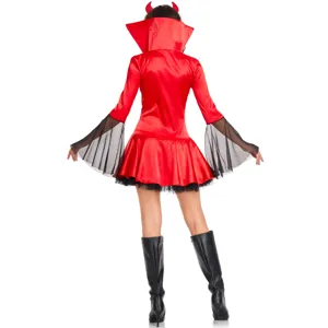 Vista dettagliata del costume da diavolo rosso con maniche a tromba in rete per Halloween