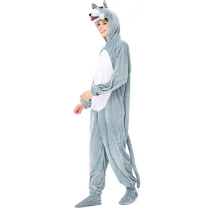 Gray animal onesie detail view showing plush fabric, cute hood design, and comfortable fit.