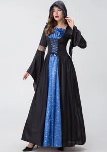 Halloween witch costume black blue hooded dress cosplay party outfit long dress style