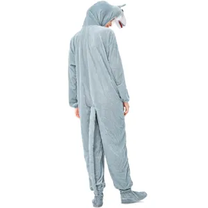 Grey wolf animal onesie cosplay costume with attached tail and cute hood for halloween.