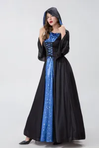 Halloween witch costume women black blue hooded dress cosplay party long gown outfit
