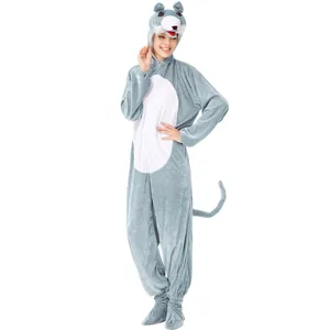 Gray animal cosplay costume detail view, soft plush fabric with cute hood and tail design.