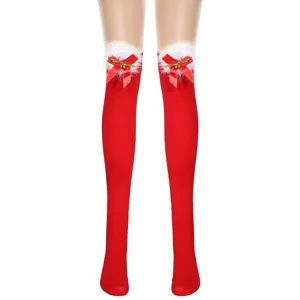 Calze Natalizie Autoreggenti da Donna in Nylon Con Fiocco Bordo in Pelliccia Sintetica Rosse Tinta Unita e a Rete per Festa