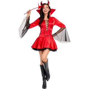 Costume cosplay da diavolo vampiro donna vestito rosso con corna e bacchetta magica