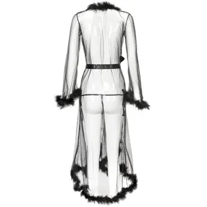 Sexy schwarzes transparentes Netz-Nachthemd mit Federn, elegante langärmlige erotische Lingerie.