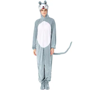 Detailed view of the cozy grey animal onesie costume with cute tail and hood for cosplay events.