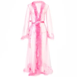 Rosa transparentes Mesh-Nachthemd mit flauschigem Federrand und Satingürtel für Damen.