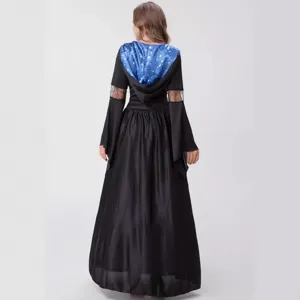 Halloween witch costume long black dress hooded starry blue lining cosplay party outfit