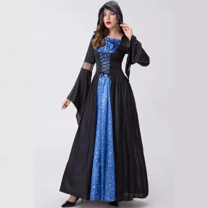 Halloween witch costume black blue hooded dress cosplay party long gown for women main view