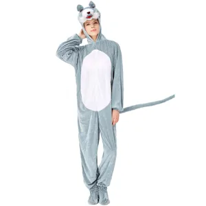 Grey wolf cosplay onesie costume for women, soft plush animal jumpsuit for Halloween party.
