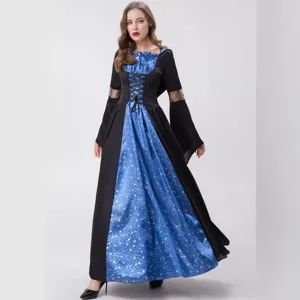 Halloween witch costume black blue star long dress for women cosplay party outfit