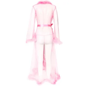 Rosa transparentes Netz-Langschlafhemd mit flauschigem Besatz und Gürtel sexy Dessous.