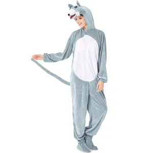 Grey wolf animal onesie cosplay costume detail, soft plush fabric with hood and long tail.
